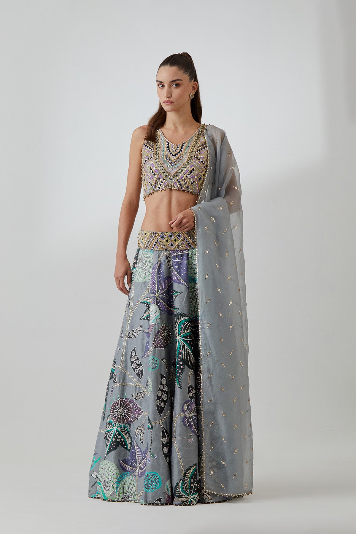 Grey Georgette Embroidered Choli With Abutilon Print Dupion Silk Lifted Lehenga And Mukaish Net Dupatta