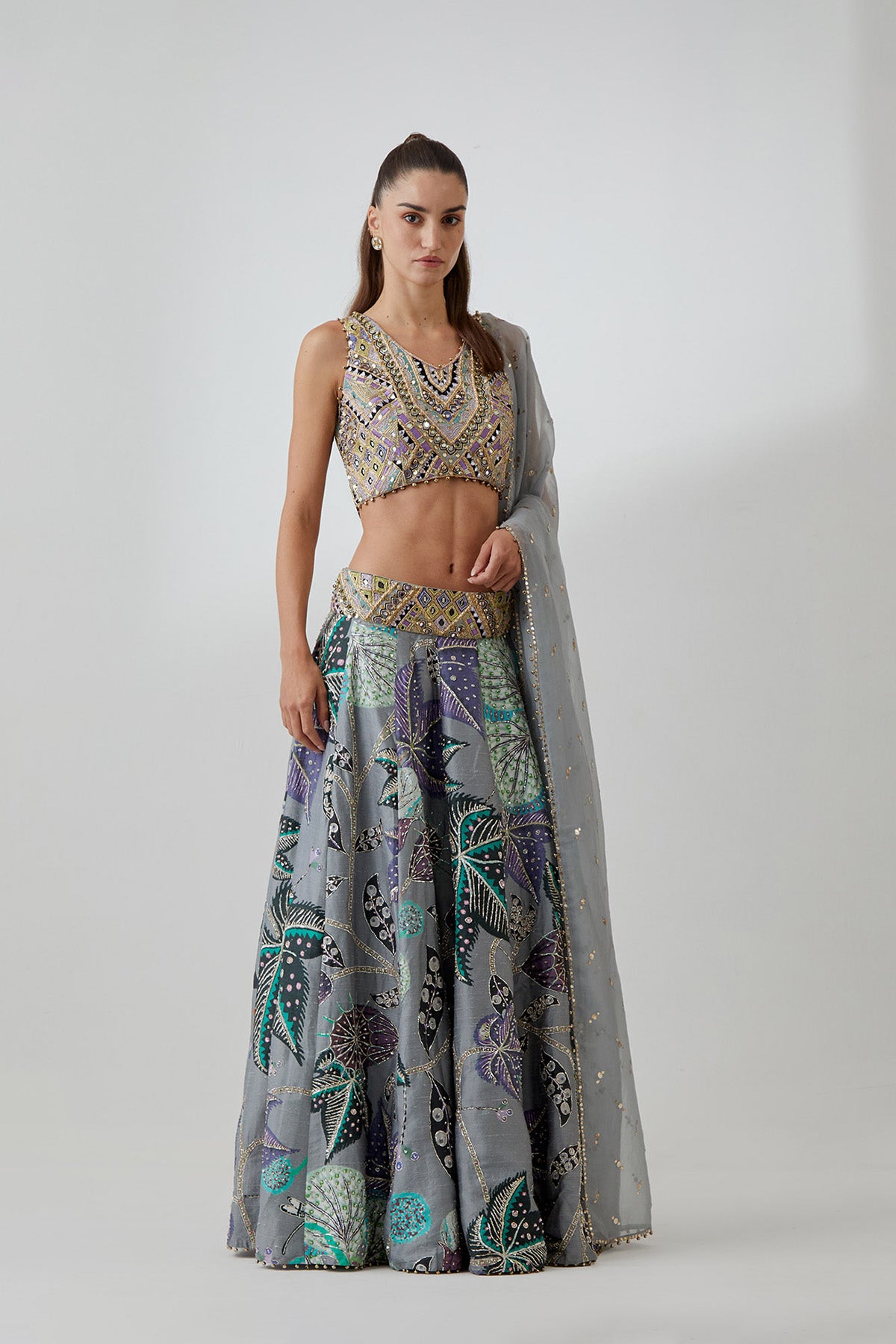 Grey Georgette Embroidered Choli With Abutilon Print Dupion Silk Lifted Lehenga And Mukaish Net Dupatta