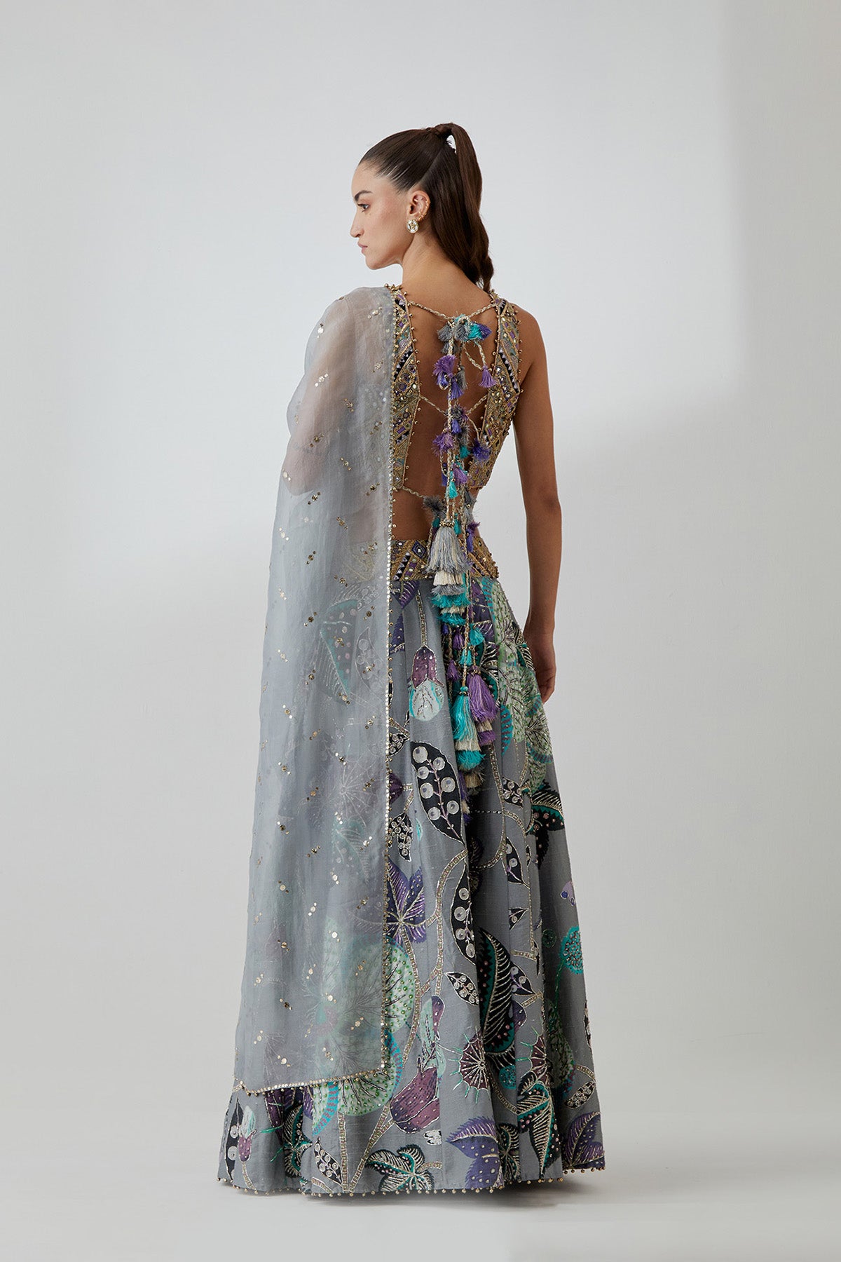 Grey Georgette Embroidered Choli With Abutilon Print Dupion Silk Lifted Lehenga And Mukaish Net Dupatta