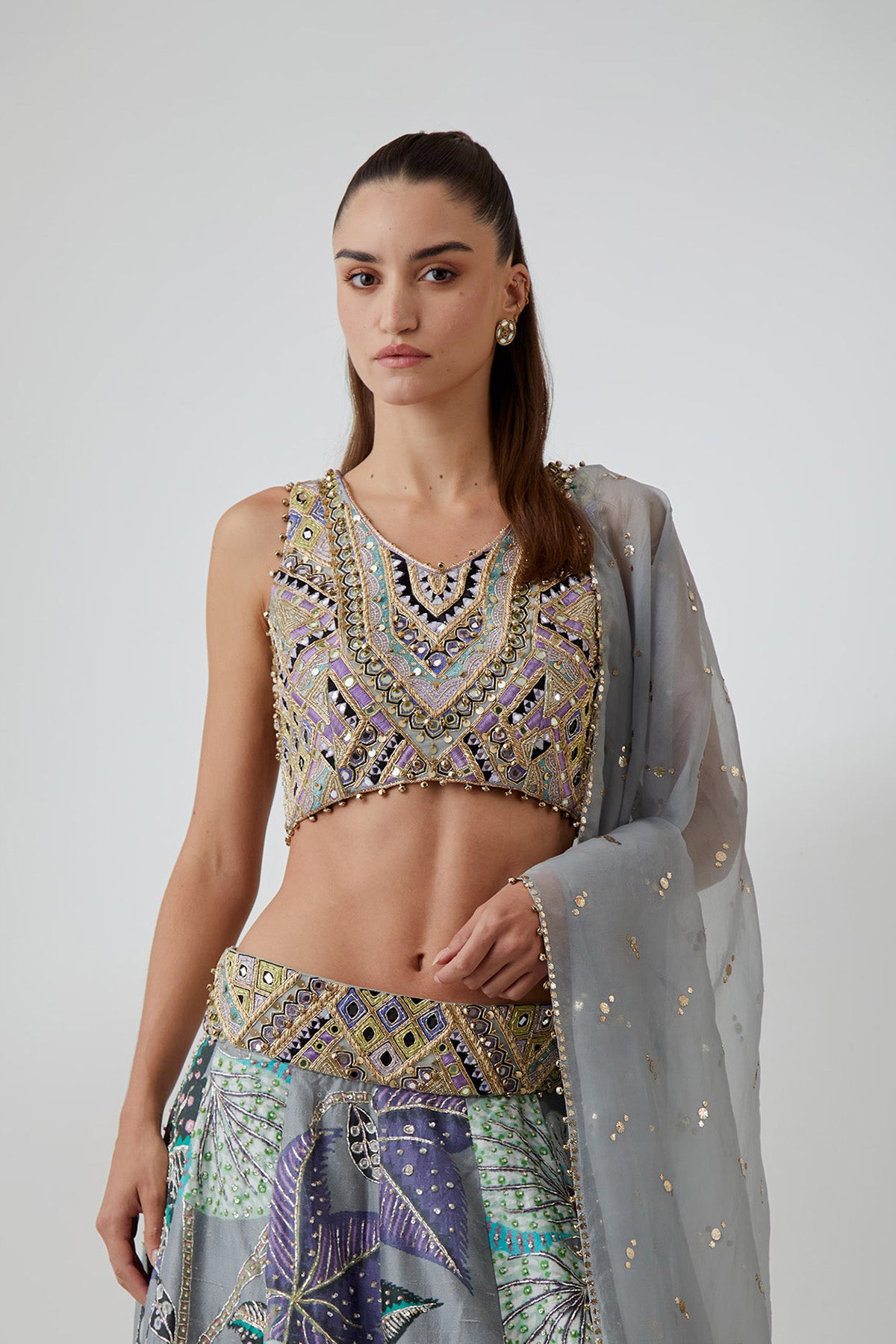 Grey Georgette Embroidered Choli With Abutilon Print Dupion Silk Lifted Lehenga And Mukaish Net Dupatta