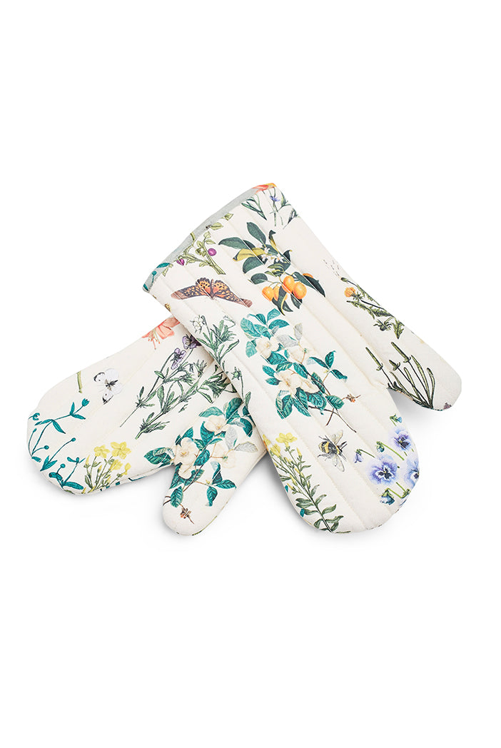 Ivory Colour Printed Canvas Mittens with Aqua Colour Printed Silkmul Piping