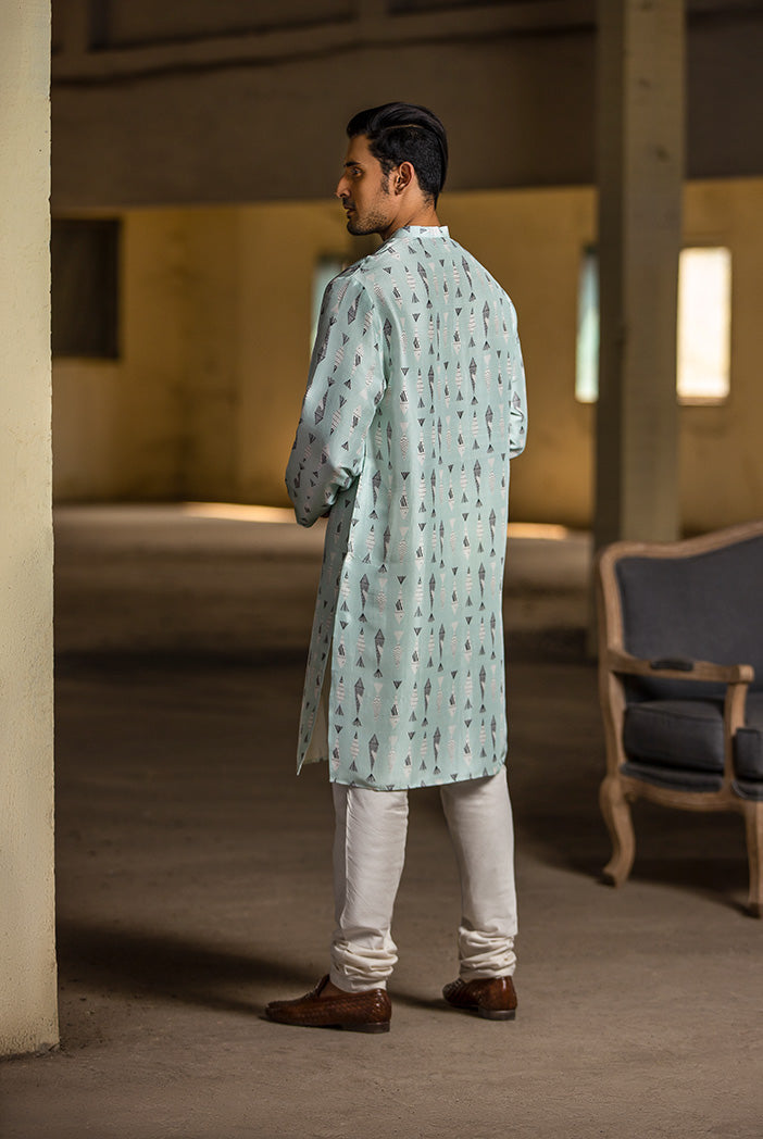 Ice Blue Printed Silk Kurta with Off White Cotton Silk Churidar