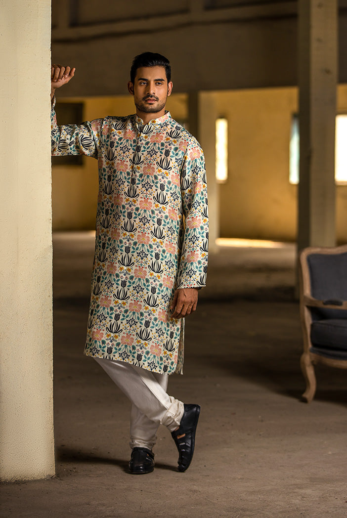 Cream Printed Silk Kurta with Off White Cotton Silk Churidar
