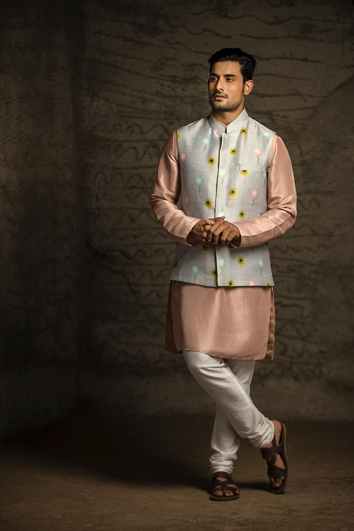 Grey Printed Dupion Silk Bandi with Rose Pink Silk Kurta and Off White Cotton Silk Churidar