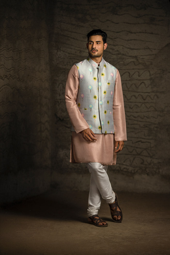 Grey Printed Dupion Silk Bandi with Rose Pink Silk Kurta and Off White Cotton Silk Churidar