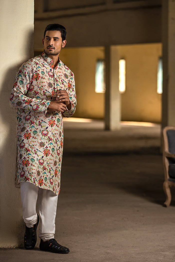 Khaki Printed Silk Kurta with Off White Cotton Silk Churidar