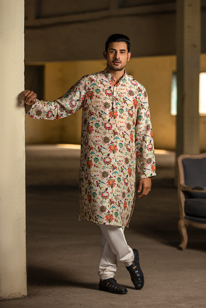Khaki Printed Silk Kurta with Off White Cotton Silk Churidar