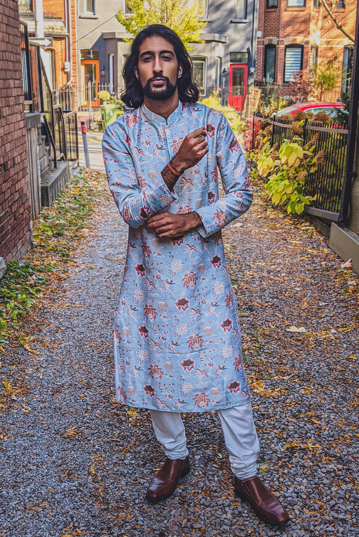 Aqua Chidiya Print Dupion Silk Kurta With Off White Cotton Silk Churidar