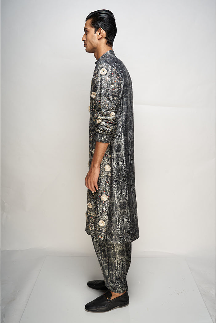 PS Men Yazir Printed Dupion Silk Embroidered Jogger Kurta With Jogger Pants