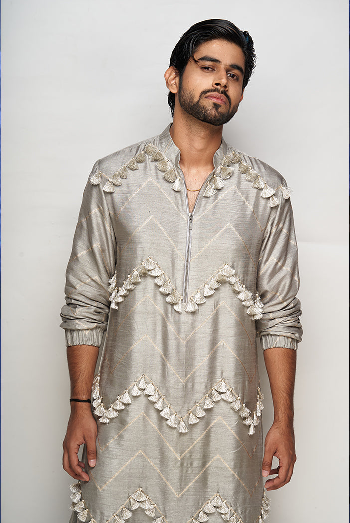 PS Men Aalim Grey Colour Banarasi Silk Bomber Kurta with Jogger Pants