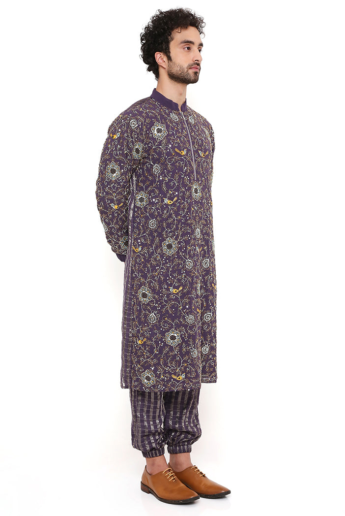 Purple Georgette And Chanderi Stripe Front Embroidered Bomber Kurta With Chanderi Stripe Jogger Pant