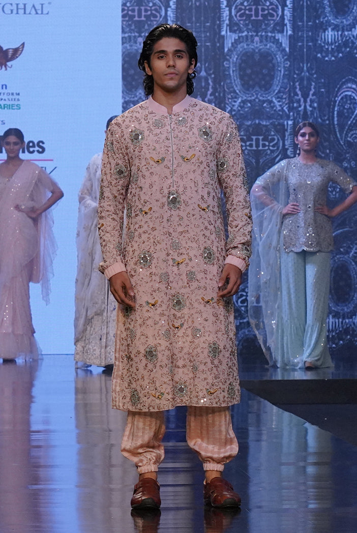 PS Men Mahid Rose Pink Colour Embroidered Kurta with Jogger Pants