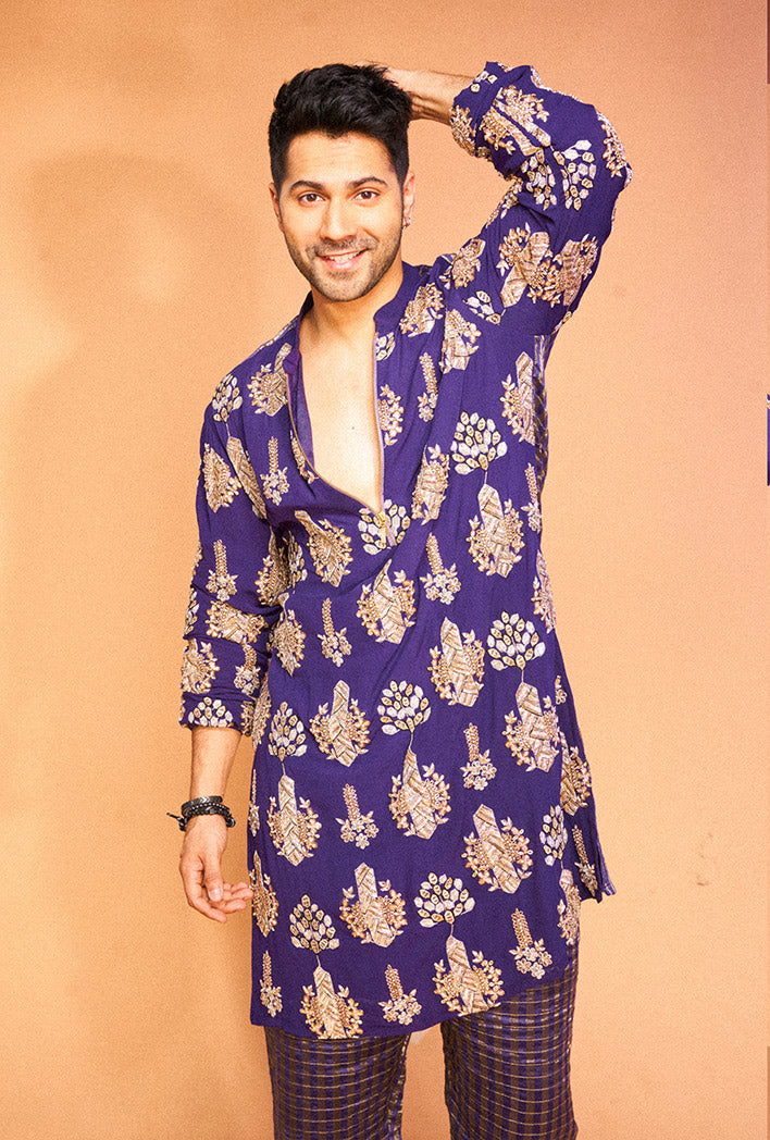 Purple Colour Embroidered Stripe Kurta With Stripe Jogger Pants