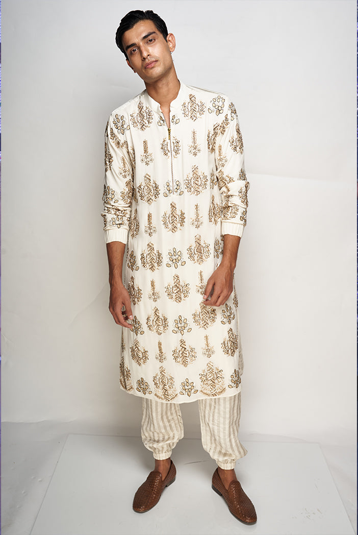 PS Men Adil Off White Colour Embroidered Kurta with Jogger Pants