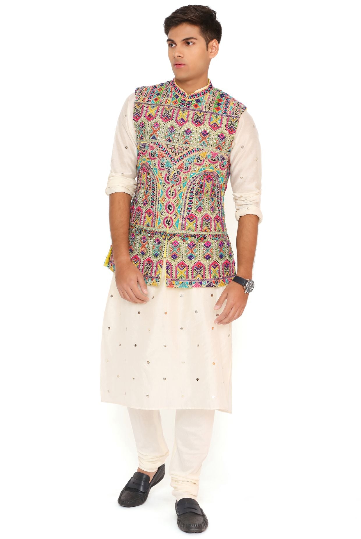 Yellow Georgette Embroidered Bandi With Off White Mukaish Silkmul Kurta And Cotton Silk Churidar