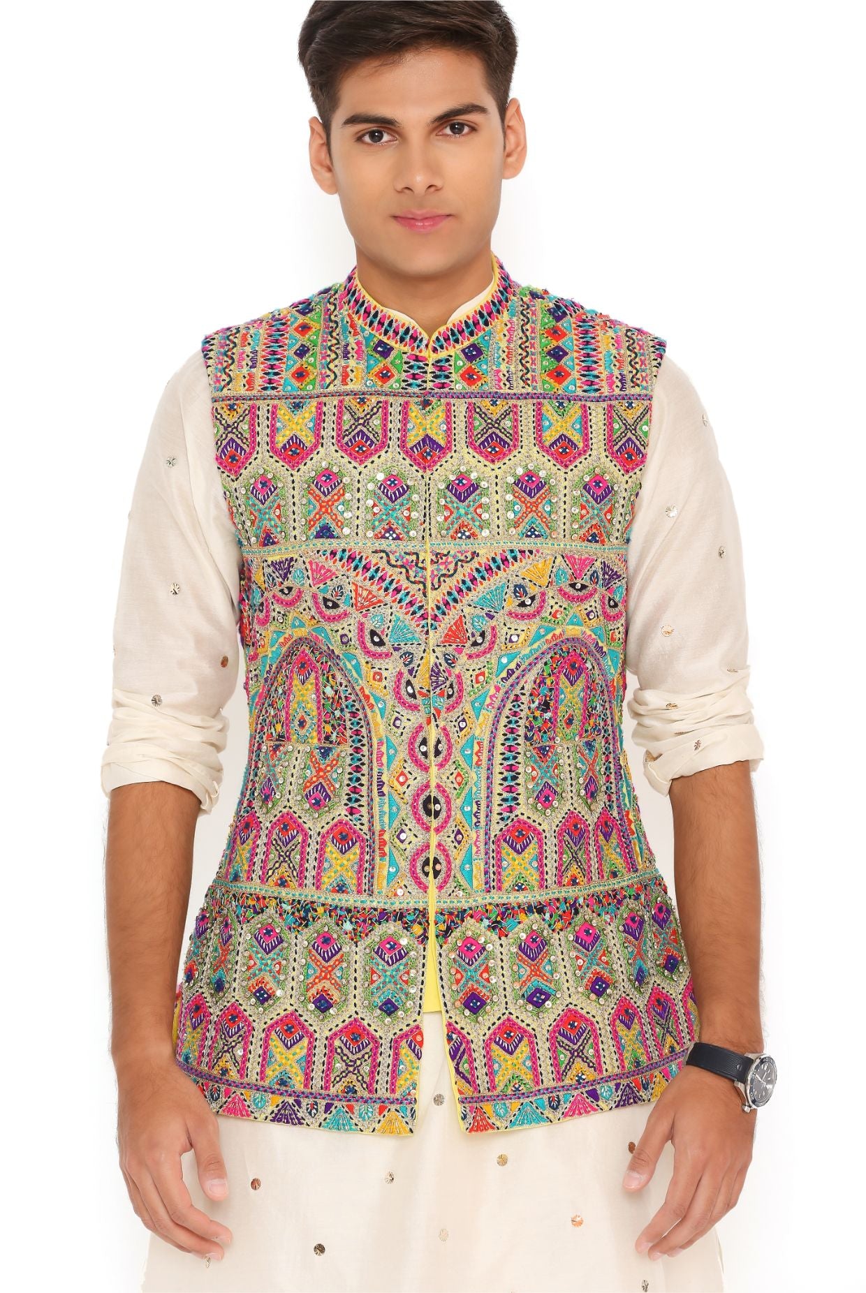Yellow Georgette Embroidered Bandi With Off White Mukaish Silkmul Kurta And Cotton Silk Churidar
