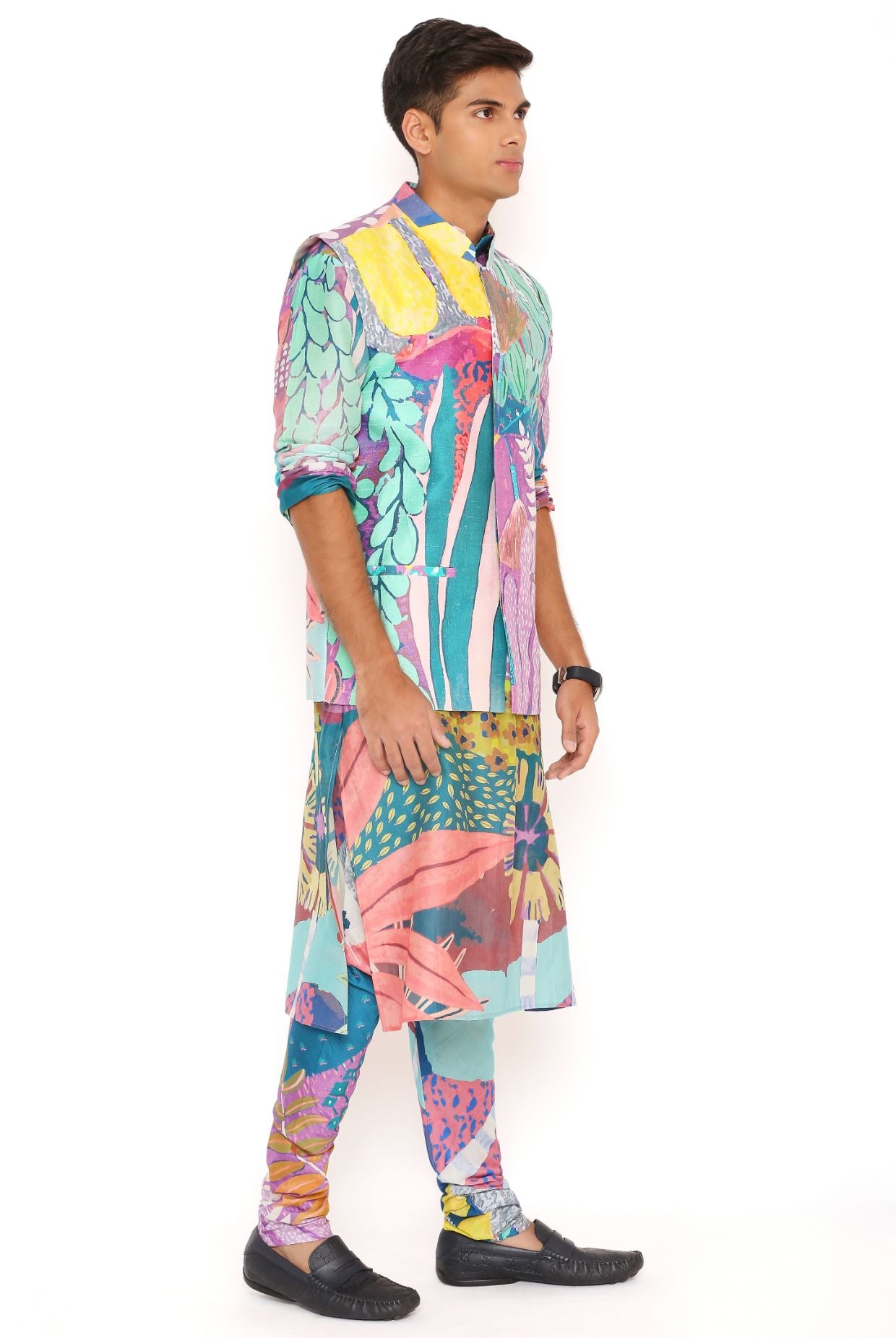 Purple Tropical Print Dupion Silk Bandi With Silkmul Kurta And Churidar