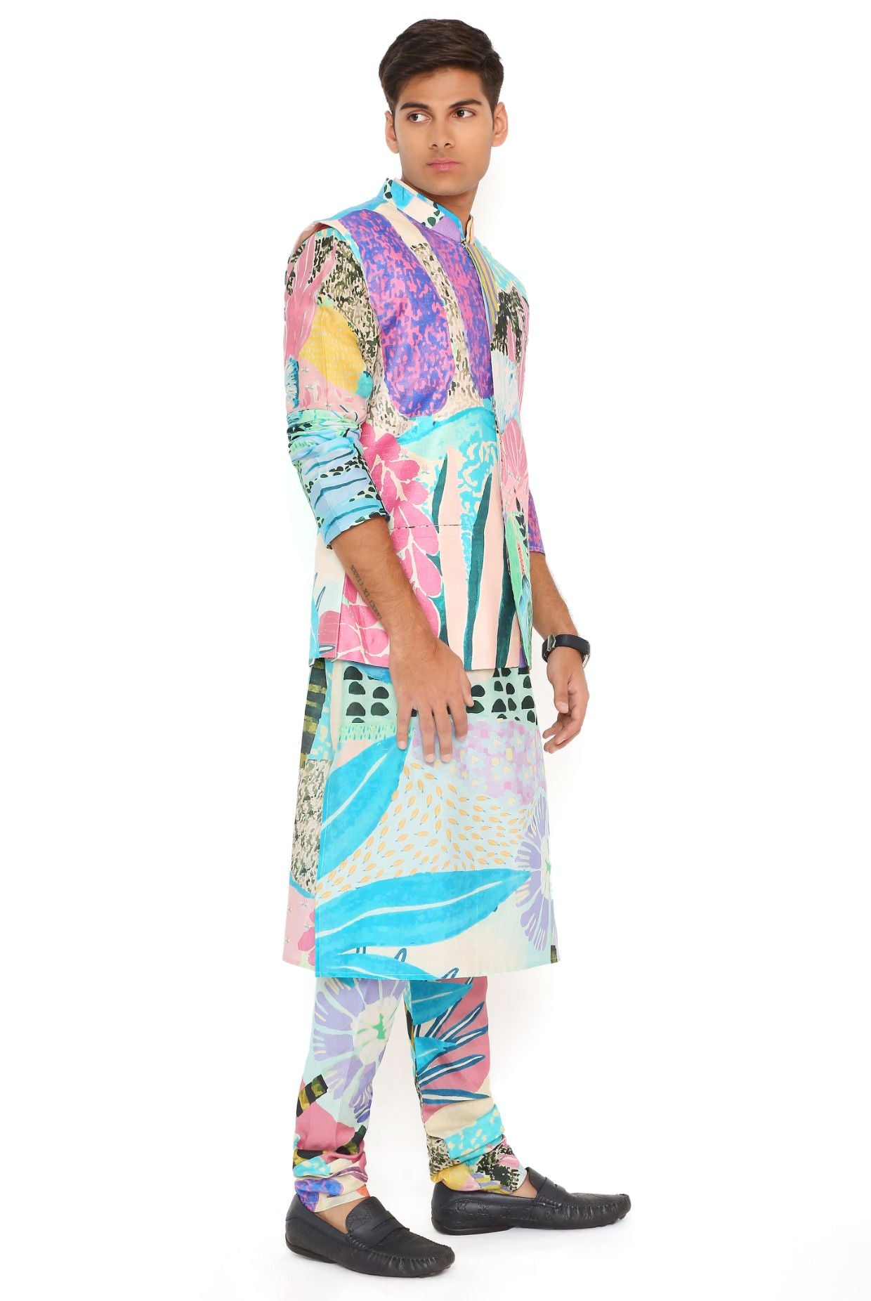 Aqua Tropical Print Dupion Silk Bandi With Silkmul Kurta And Churidar
