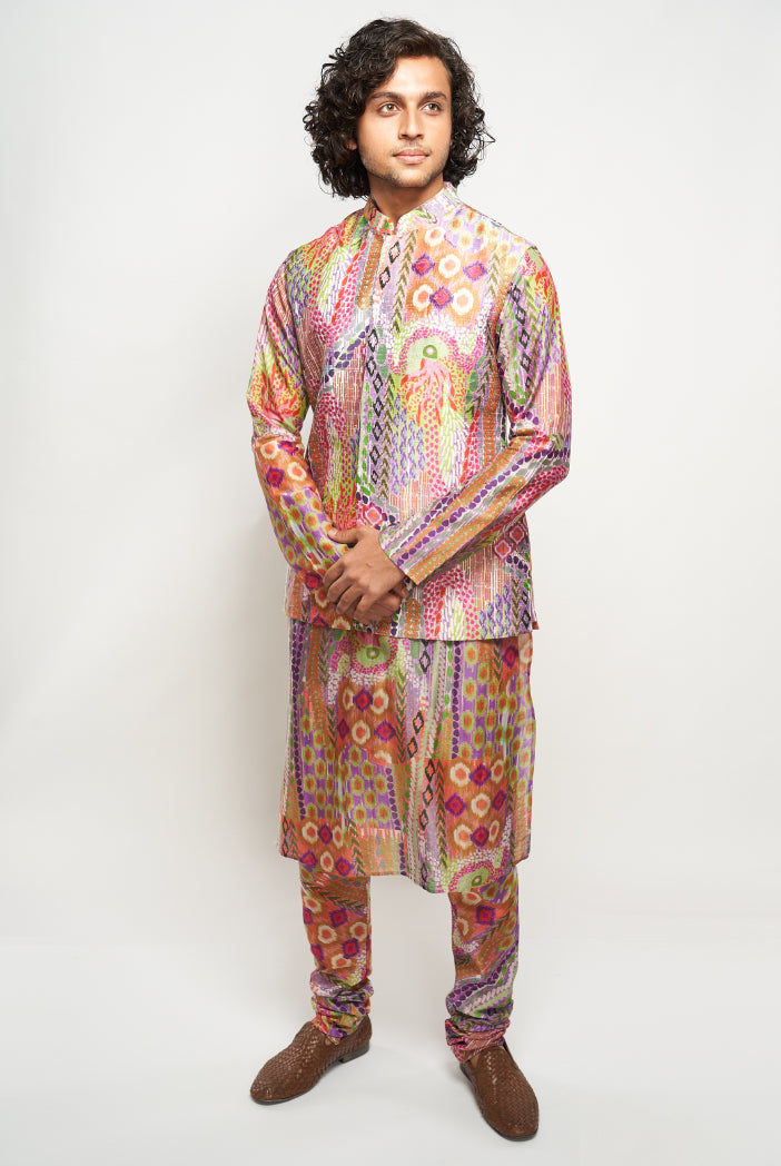 Faiz African Multi Colour Print Dupion Silk Bandi With Printed Silkmul Kurta And Churidar