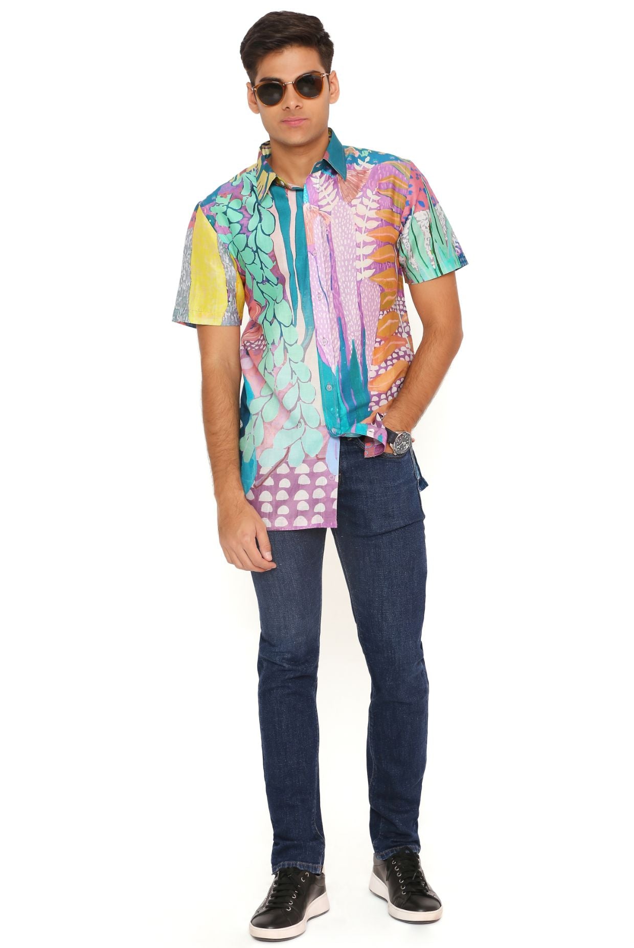 Purple Tropical Print Silkmul Shirt