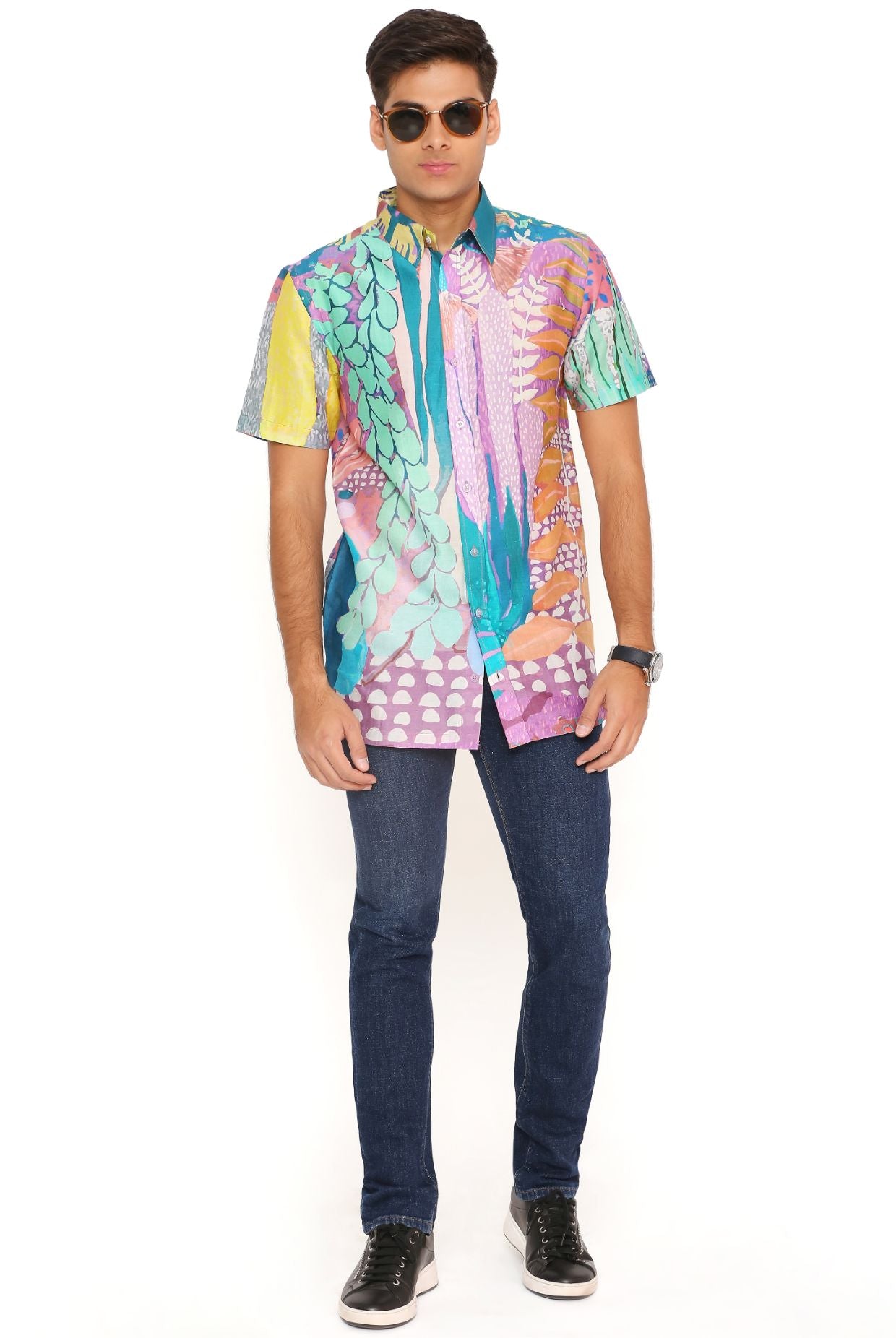 Purple Tropical Print Silkmul Shirt