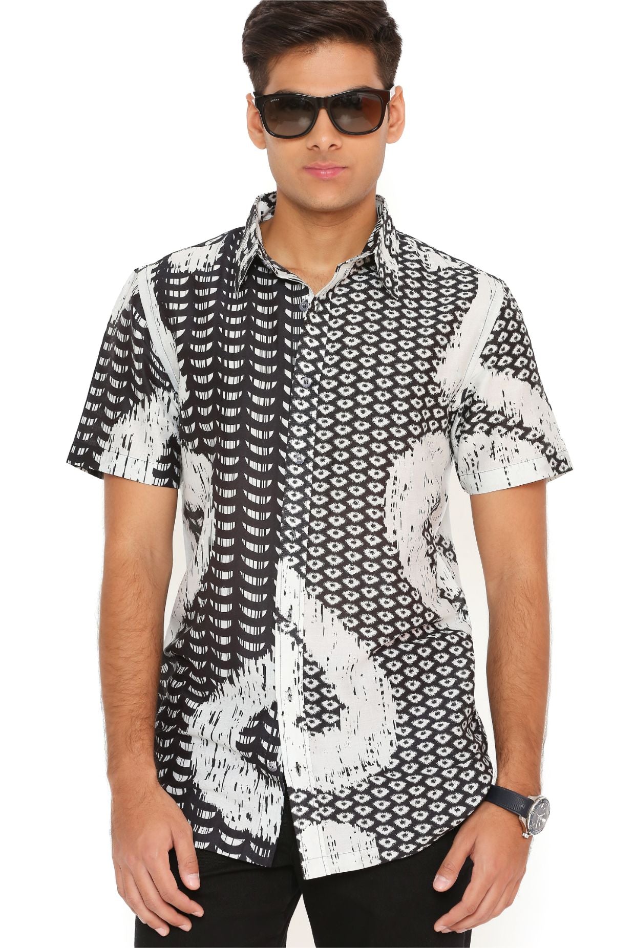 Black And White Uzbek Print Silkmul Shirt