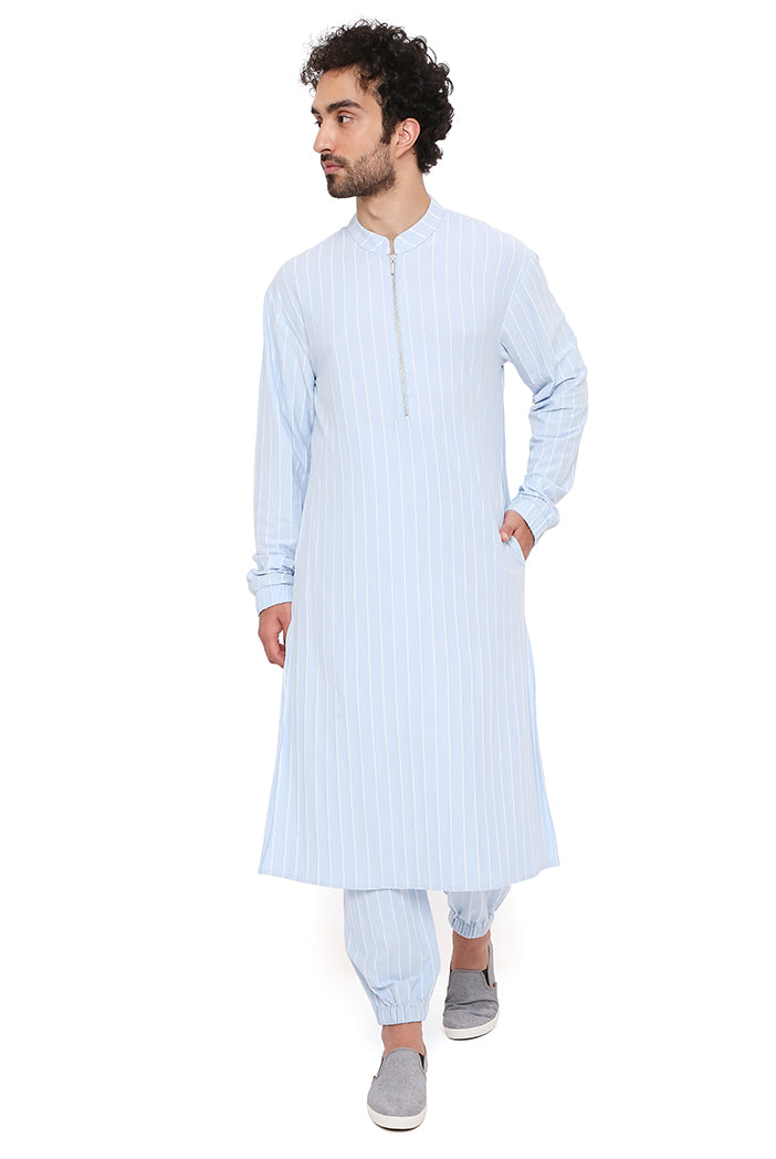 Aqua Blue Stripe Lycra Bomber Kurta With Jogger Pant