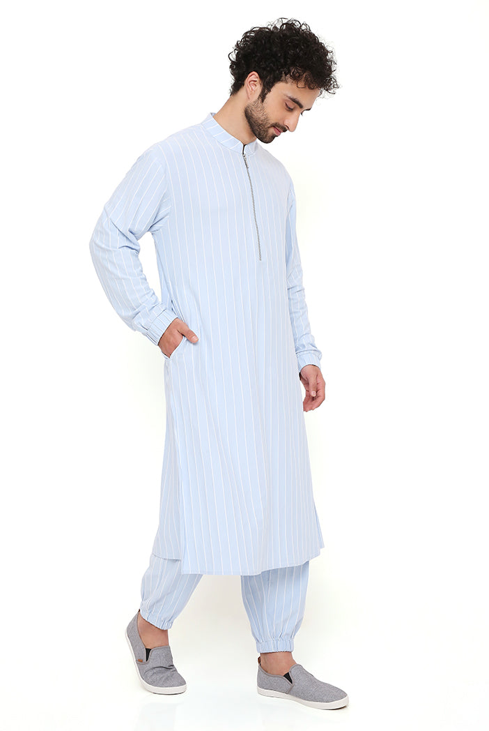 Aqua Blue Stripe Lycra Bomber Kurta With Jogger Pant