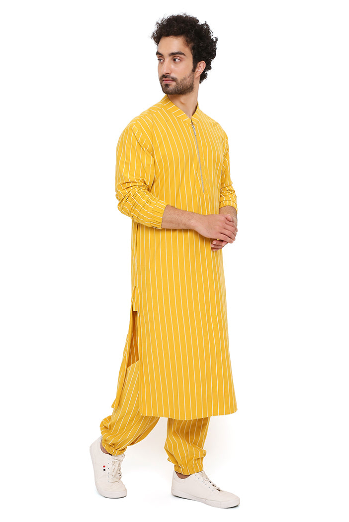 Mustard Stripe Lycra Bomber Kurta With Jogger Pant
