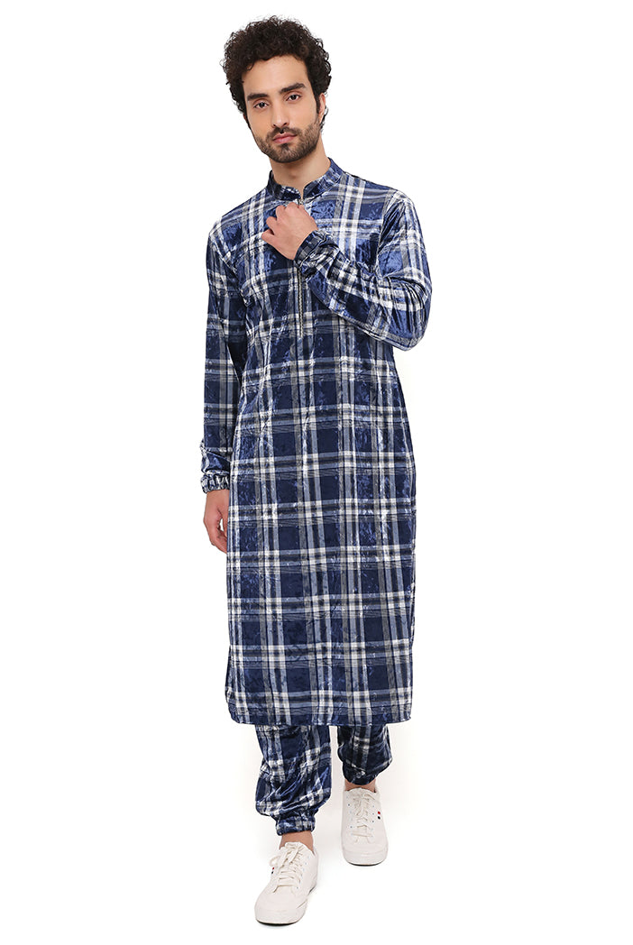 Navy With White Checks Velvet Bomber Kurta And Jogger Pant