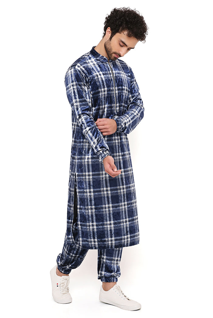 Navy With White Checks Velvet Bomber Kurta And Jogger Pant
