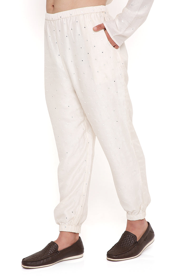 Raj Off White Georgette Embroidered Bomber Jacket With Abla Silk Bomber Kurta And Jogger Pant