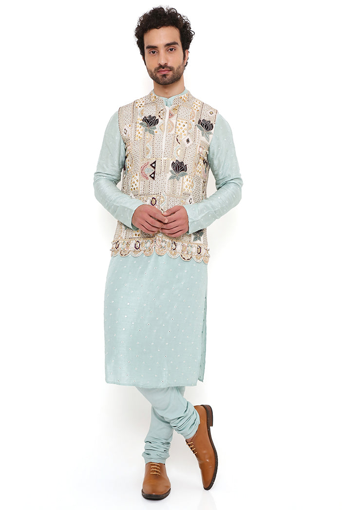 Kiaan Off White Georgette Embroidered Bandi With Aqua Abla Silk Kurta And Off White Cotton Silk Churidar