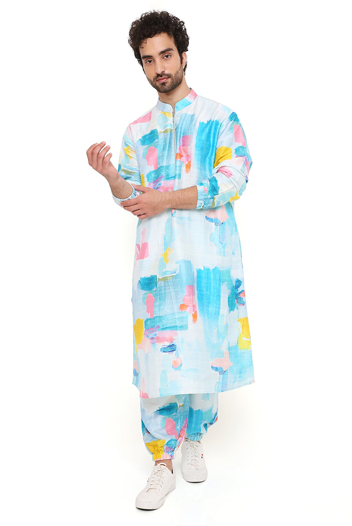 Painterly Print Dupion Silk Bomber Kurta With Jogger Pant