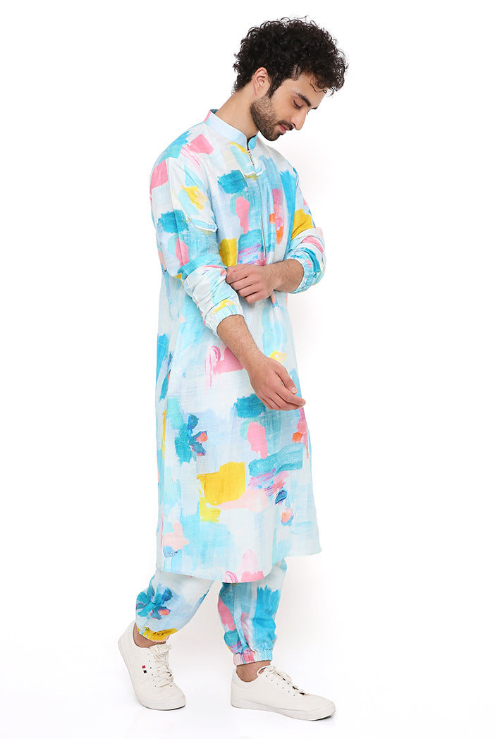 Painterly Print Dupion Silk Bomber Kurta With Jogger Pant