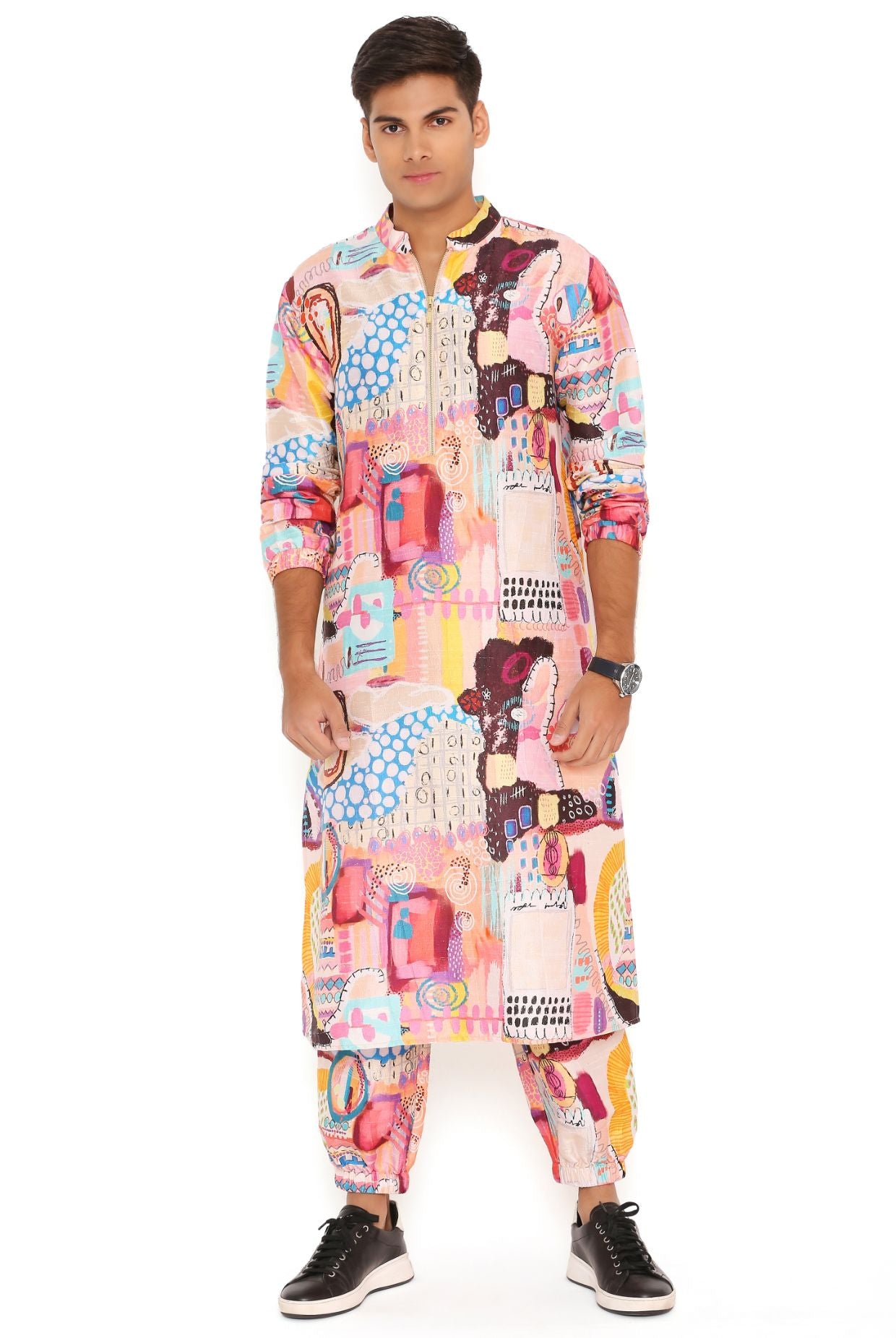 Trance Print Dupion Silk Bomber Kurta With Jogger Pant