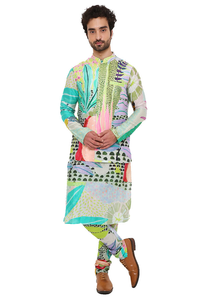 Monet Tropical Print Dupion Silk Bandi With Silkmul Kurta And Churidar