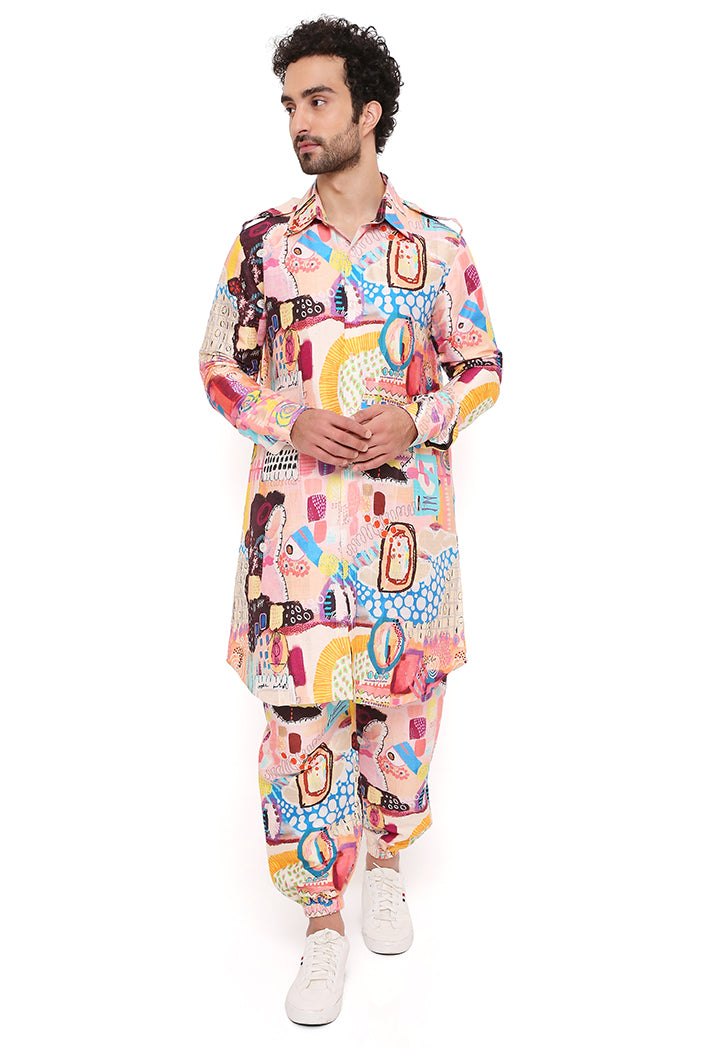 Trance Print Dupion Silk Pathani Kurta With Jogger Pant
