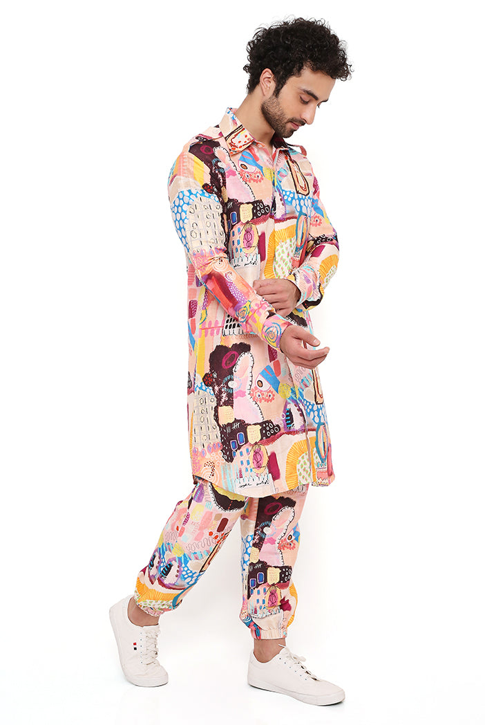 Trance Print Dupion Silk Pathani Kurta With Jogger Pant