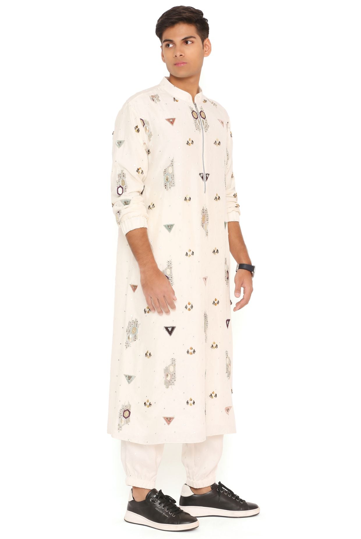 Off White Abla Silk Embroidered Bomber Kurta With Jogger Pant