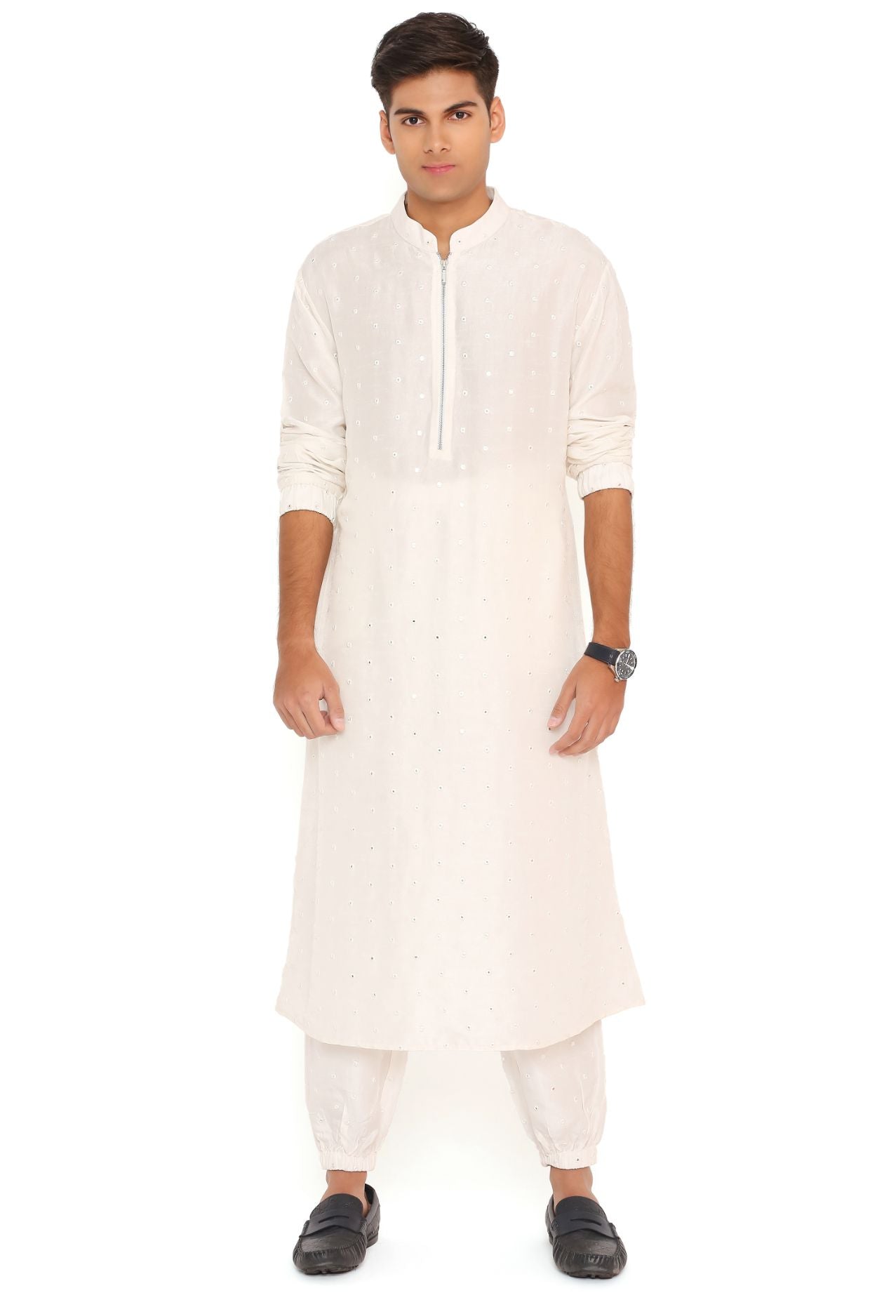 Chalk White Abla Silk Bomber Kurta With Jogger Pant