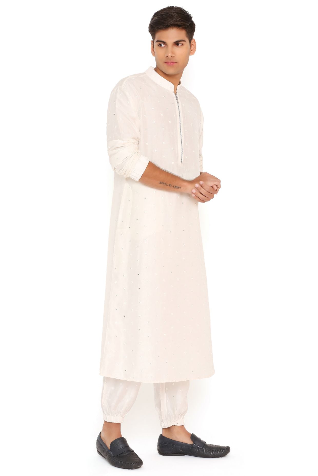 Chalk White Abla Silk Bomber Kurta With Jogger Pant