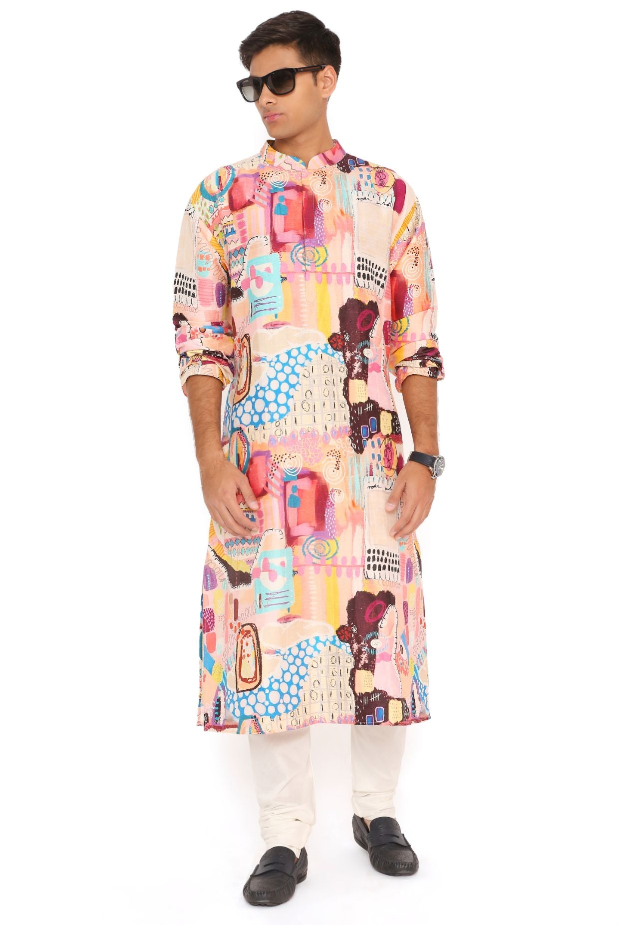 Trance Print Dupion Silk Kurta With Off White Cotton Silk Churidar