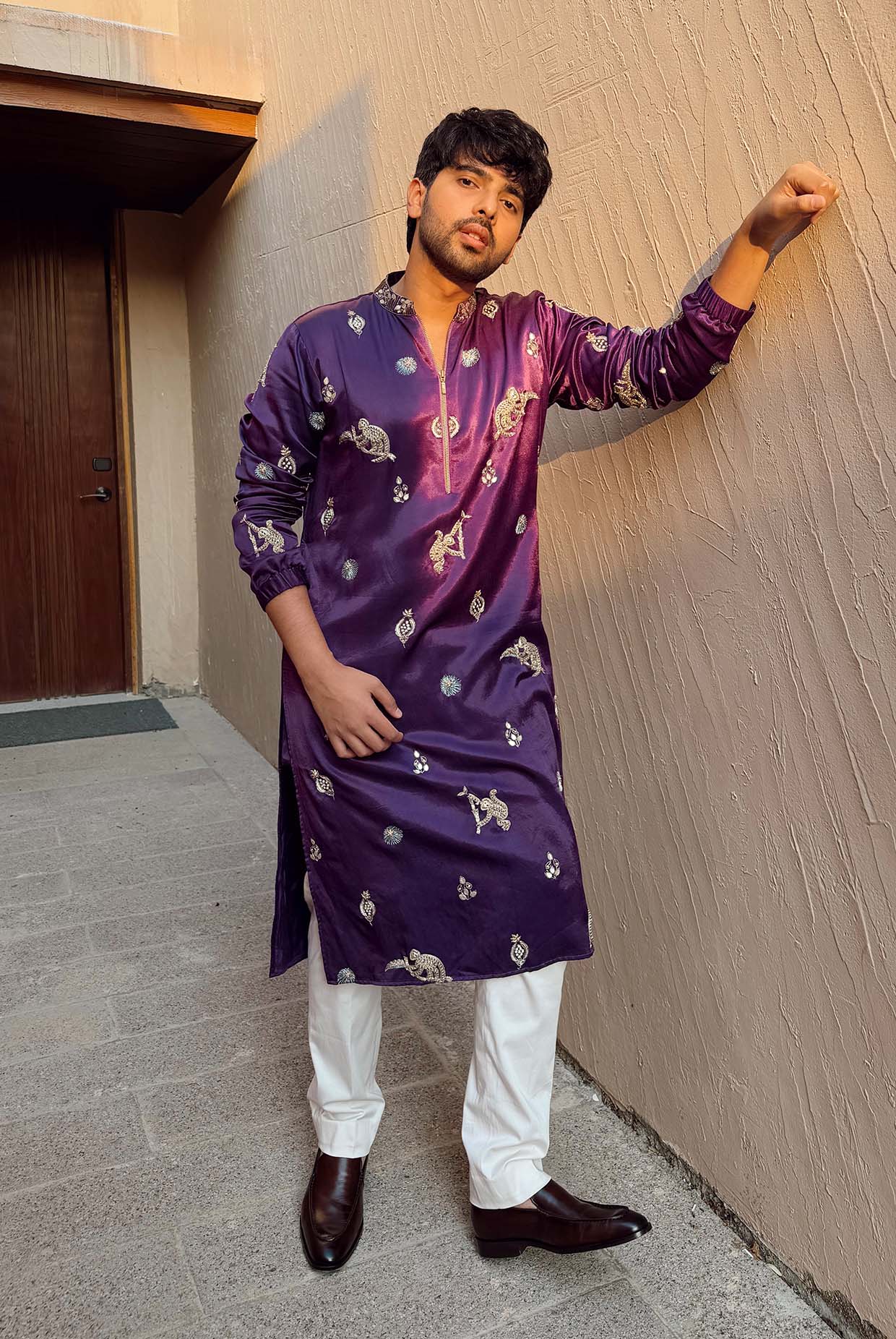 Purple Embeoirdered Bomber Kurta With Off-White Churidar