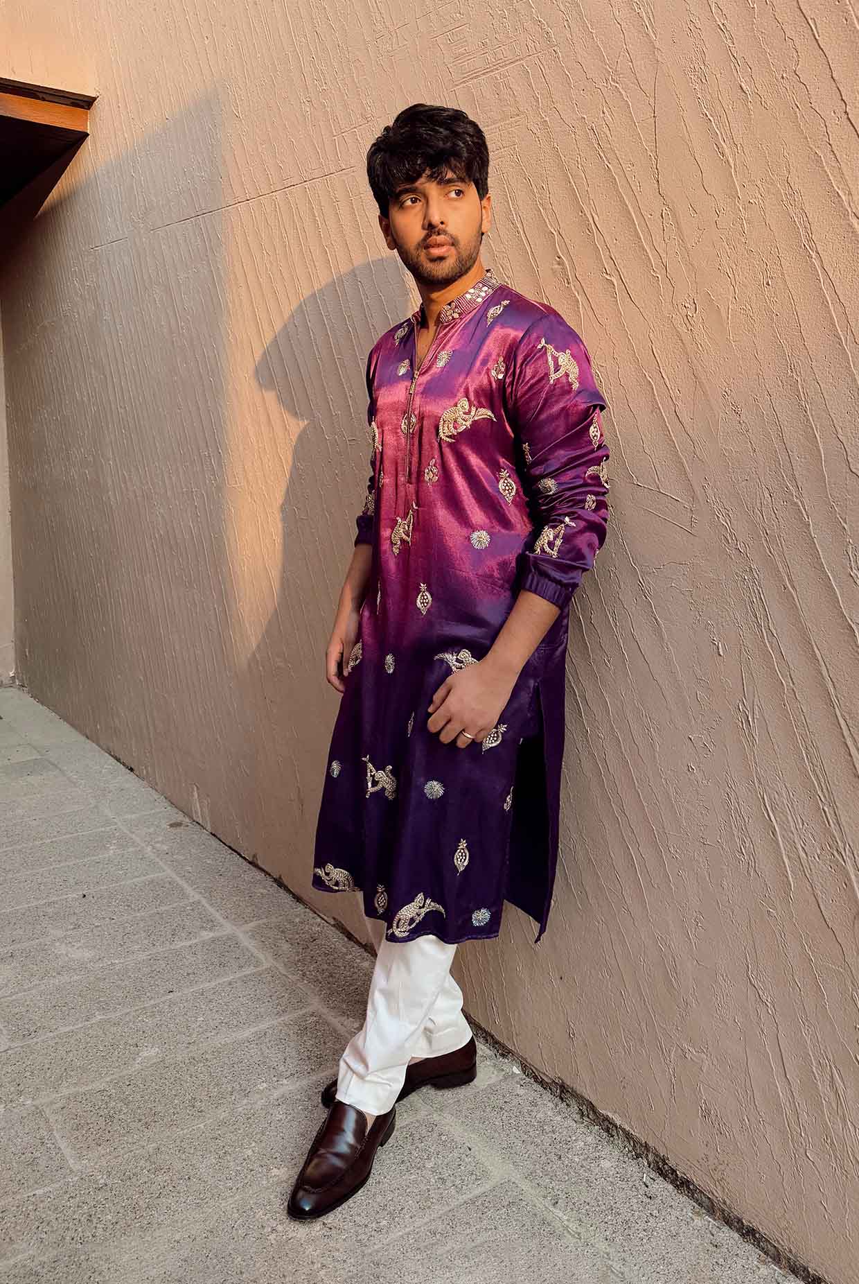 Purple Embeoirdered Bomber Kurta With Off-White Churidar