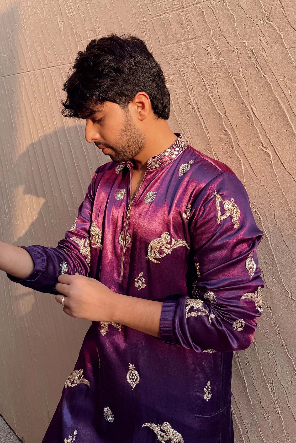 Purple Embeoirdered Bomber Kurta With Off-White Churidar