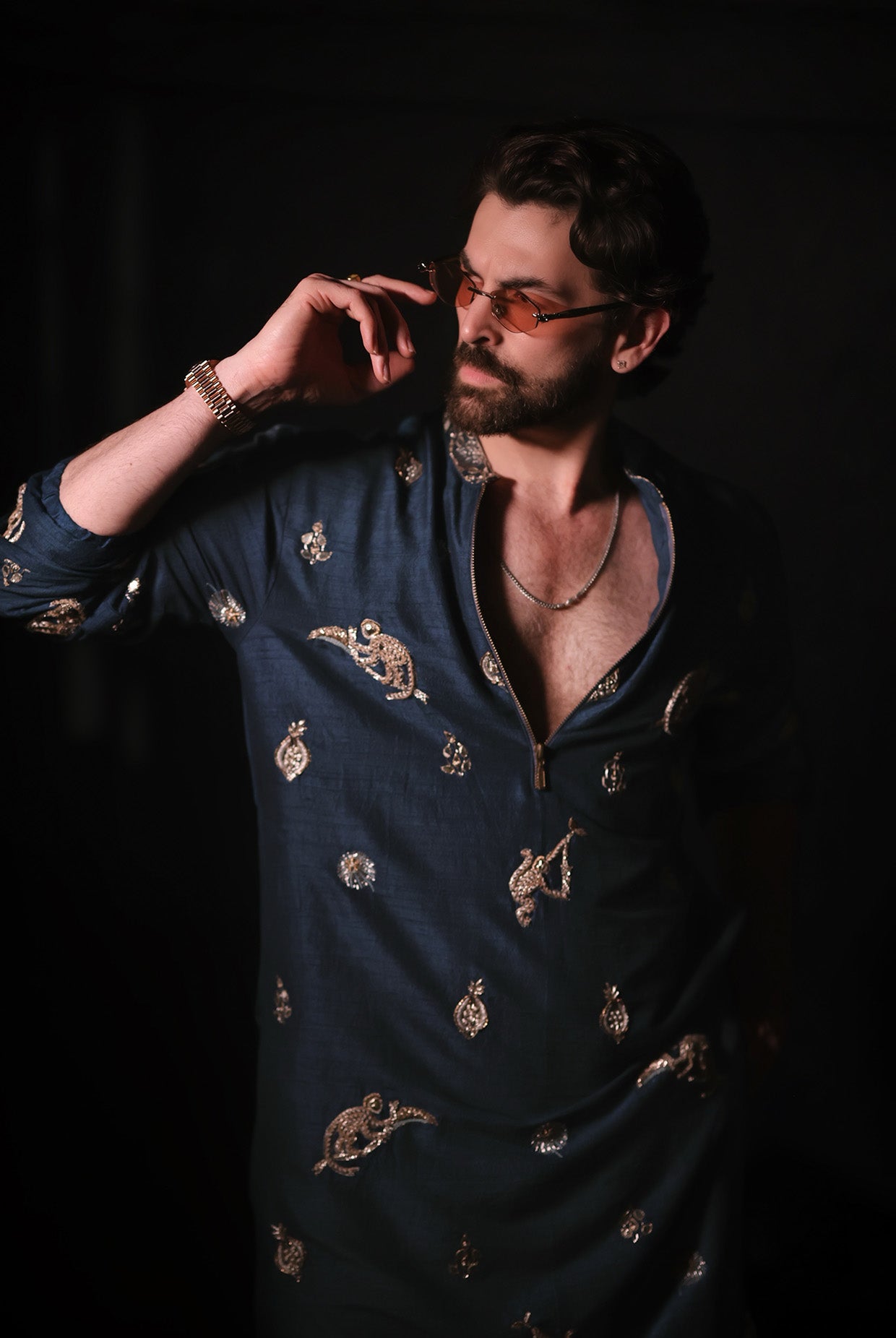 Teal Blue Embroidered Bomber Kurta With Off-White Pants