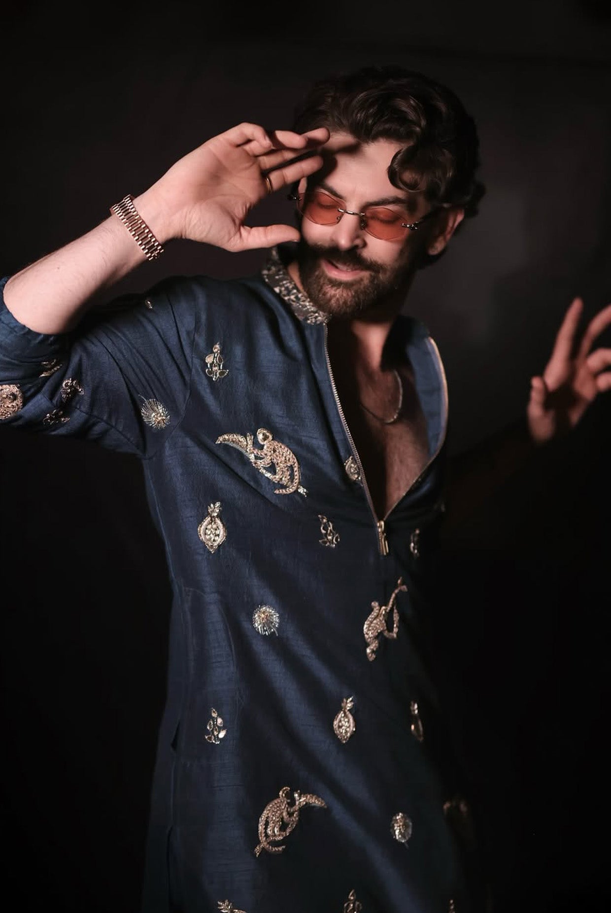 Teal Blue Embroidered Bomber Kurta With Off-White Pants