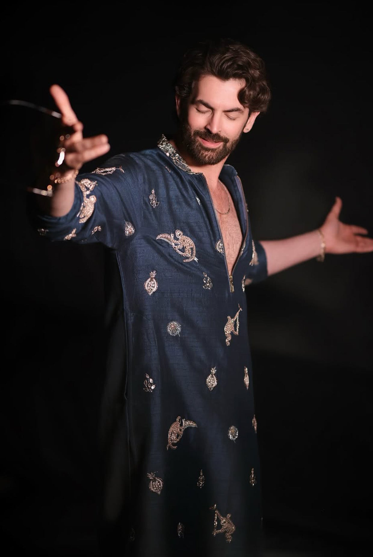 Teal Blue Embroidered Bomber Kurta With Off-White Pants
