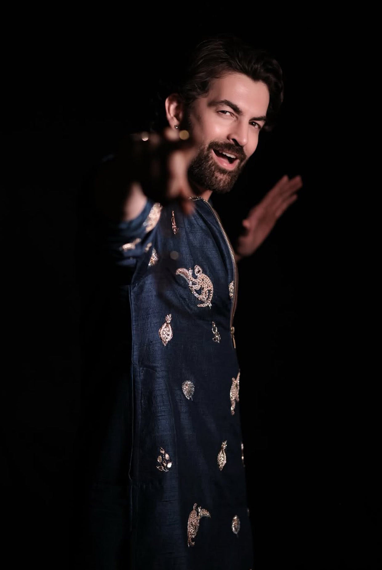 Teal Blue Embroidered Bomber Kurta With Off-White Pants